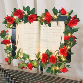 20LED 7.5ft Artificial Flower Rose Vine String Lights, Battery Powered Rose Flower Garland Plant Fairy Light for Valentine's, Wedding Bedroom Party Garden Indoor Decoration (Red)