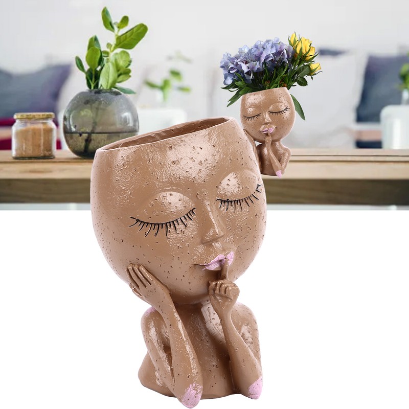 Girl Head Flowerpot Fadeless Durable Resin Face Planter Decorative Succulent
