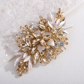 Xerling Handmade Wedding Champange Rhinestone Hair Comb Floral Bridal Headpiece Brides Flower Hair Piece Accessories Vintage Side Comb for Women (Champange)