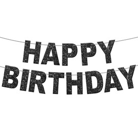 Glitter Happy Birthday Banner Letters Birthday Sign, Birthday Garland Wall Door Banner Flag for Women Men Boys Girls Birthday Party Backdrop Decorations Supplies (Black)