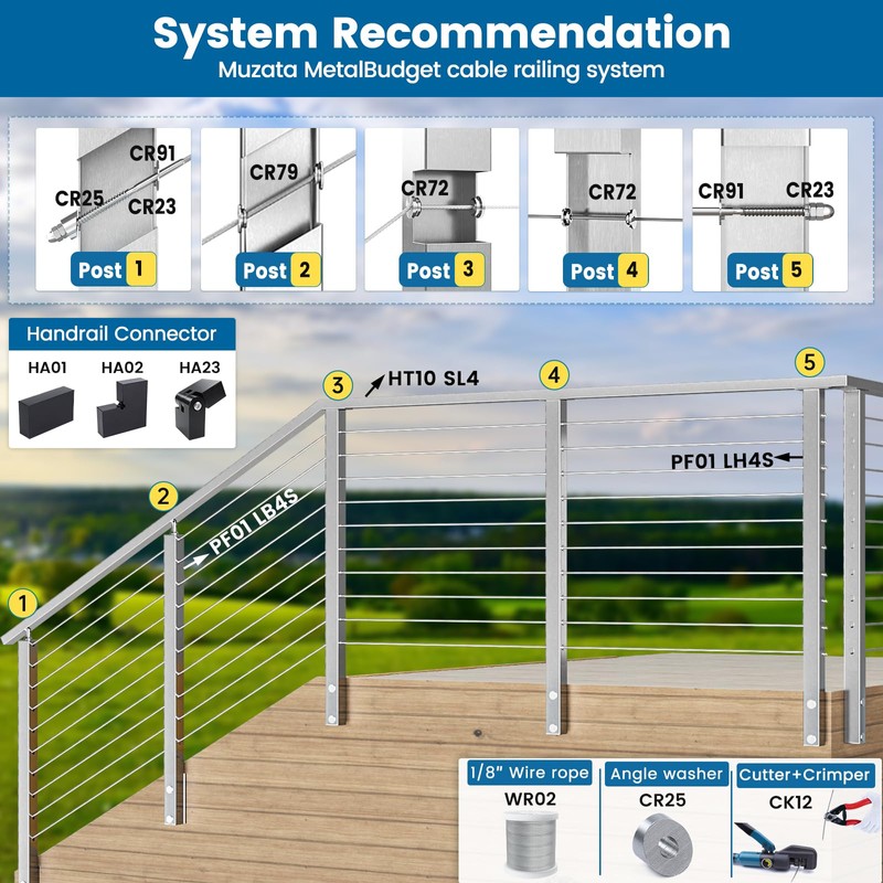 Muzata Side Mount Cable Railing Post 36 Inch 36"x2"x2" Level