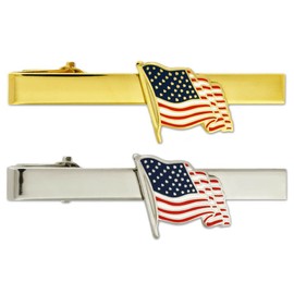 PinMart's Patriotic Waving American Flag Tie Clip Tie Bar - Silver