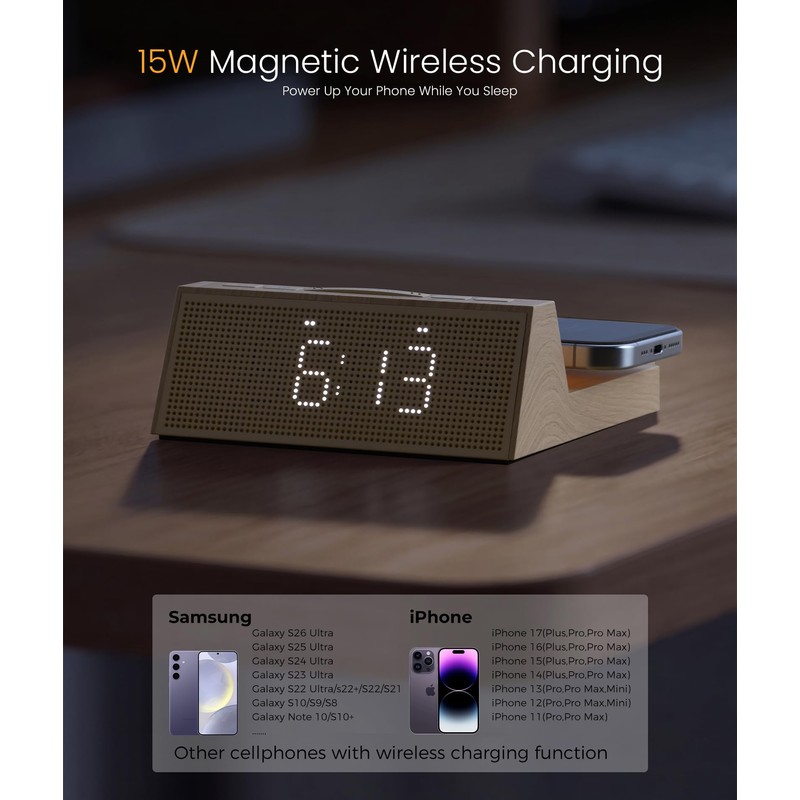 3-in-1 Alarm Clock with Wireless Charging & Night Light, Wood