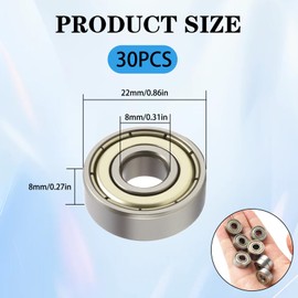 30 pieces mini ball bearings, 608ZZ, double shielded ball bearings, 8 x 22 x 7 mm, made of bearing steel, durable and rust-proof, ball bearing 608ZZ for skateboards, scooters, inline skates, toys and