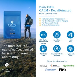 Purity Coffee CALM Decaf Ground Coffee - Natural Water Decaffeinated Coffee - USDA Organic and Third-Party Tested for Antioxidants, Mold, Mycotoxins and Pesticides - 12oz (Purity Calm, medium_roast) | Ground| CALM