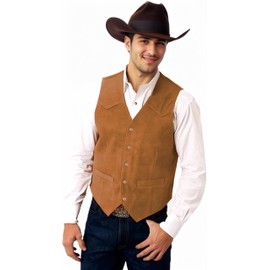 Elionm Men's Cowboy Vest Light Brown Suede Leather Vest Western Outfit for Men Victorian Sleeveless Jacket S