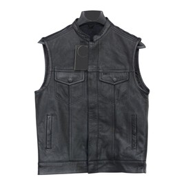 Mens Motorcycle Button Leather Vest with Concealed Gun Pockets Mc Club Vest SOA Single Panel (4XL 56"-58")