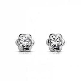 Mondepetit - 9ct White Gold Flower Cubic Zirconia Children's Baby Girls Earrings shine
