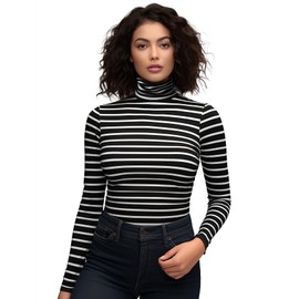 Striped Turtleneck Women Long Sleeve Fitted Underscrub Shirts Lightweight Pullover Tops(Black/White,S)