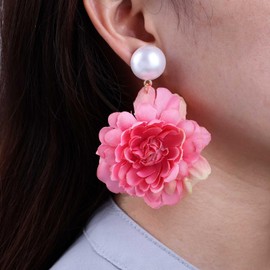 TseanYi Boho Large Fabric Flower Pearl Earrings Pink Big Flower Earrings Exaggerated Floral Petal Earrings Huge Fabric Rose Petal Drop Earrings Bridal Pearl Wedding Floral Earrings for Women