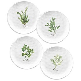 Garden Herbs Outdoor/BBQ/Picnic - Plastic/Melamine White & Green Side Plates Sets (4)