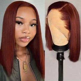 Hoscod Reddish Brown Bob Wig 13x4 HD Transparent Lace Front Wigs Human Hair Pre Plucked With Baby Hair 16 Inch Glueless Brazilian 180% Density For Black Women Red Brown Bob Lace Front Wigs