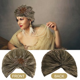 EULAPGOE Women's Turban Hat with Crystal Brooch 1920s Vintage Turban Hat Glitter Elastic Head Wraps Gatsby Fancy Dress Costume Accessories (Style 1)