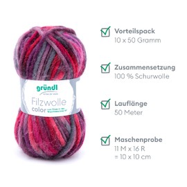 Gründl 2614/42 coloured felt wool value pack: 10 balls 50 g each, wool, lila-bordeaux-anthrazit multicolor, 31 x 32 x 6 cm