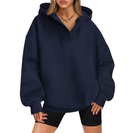 BTFBM Women's Oversized Hoodies Casual Fleece Long Sleeve V Neck Sweatshirts 2025 Trendy Fall Outfits Winter Clothes(Navy, X-Large)