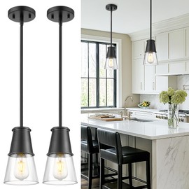 Beionxii Pendant Lights Kitchen Island 2 Pack, Black Kitchen Pendant Lighting Over Island, Farmhouse Pendant Light Fixtures, Clear Glass Shade, BX-PL01MBCG-2PK