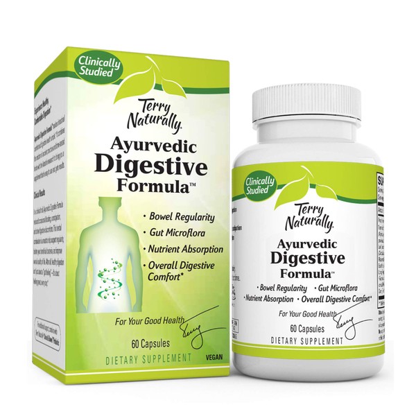 Terry Naturally Ayurvedic Digestive Formula - 60 Vegan Capsules - Promotes Bowel Regularity, Gut Microflora & Nutrient Absorption - Non-GMO, Gluten-Free - 30 Servings