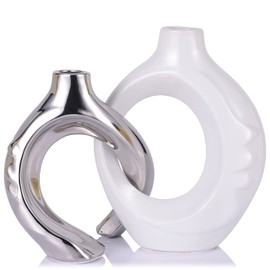 LCCCK White and Silver Ceramic Vases for Home Decor, Boho Vase for Flowers Pampas Grass Decorative, White Silver Hollow Donut Small Vase for Living Room Table Wedding Centerpiece Modern Vase