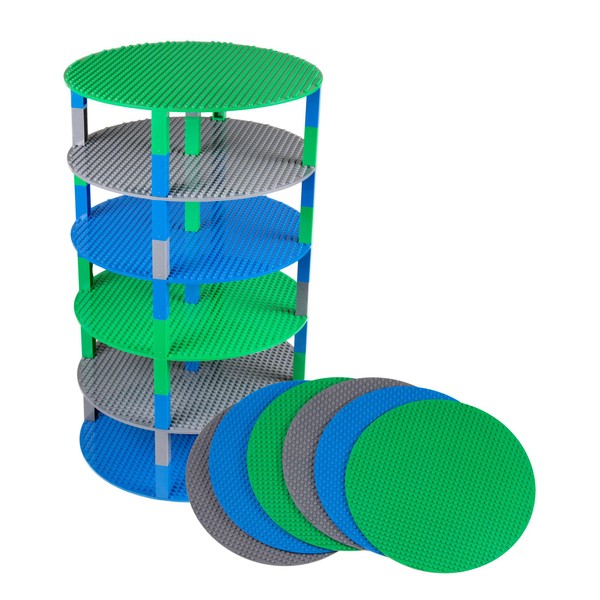 Premium Blue, Green, and Gray 12" Circle Stackable Base Plates - 6 Pack Baseplate Bundle with 50 New and Improved 2x2 Stackers - Tower Construction - Compatible with all Major Brands