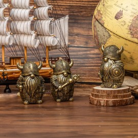 3PCS Viking Warrior Gnome Figurines Set-Viking Decor Home Ornament Mini Gnomes for Table,Shelves,Cabinet (Gold)