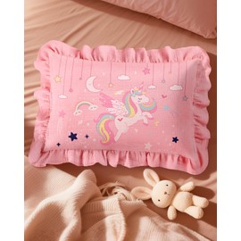 Miss Adola 1 Pack Toddler Pillowcase - 13x18 Cotton Muslin Pillow case with Ruffles, Envelope Closure Design, Cute Cartoon Soft Breathable Pillow Case for Kids Baby Toddler Girls Boys, Unicorn
