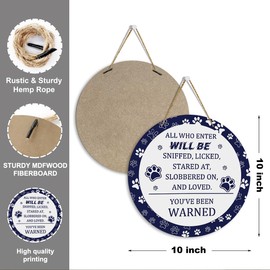 iRudyard Funny Beware of Dog Signs,Wood Wreath Sign for Front Door,10" Circle Sign for Wreaths,Rustic Dog Round Wreath Hanging Sign Plaque Wooden Door Hanger Wall Decor