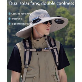 Outdoor Wide Brim Sun Hat with 2 Solar Fan Sun Bucket Hat for Men Women UPF 50+ Bucket Fishing & Beach Hat with Fan Built in, Gray