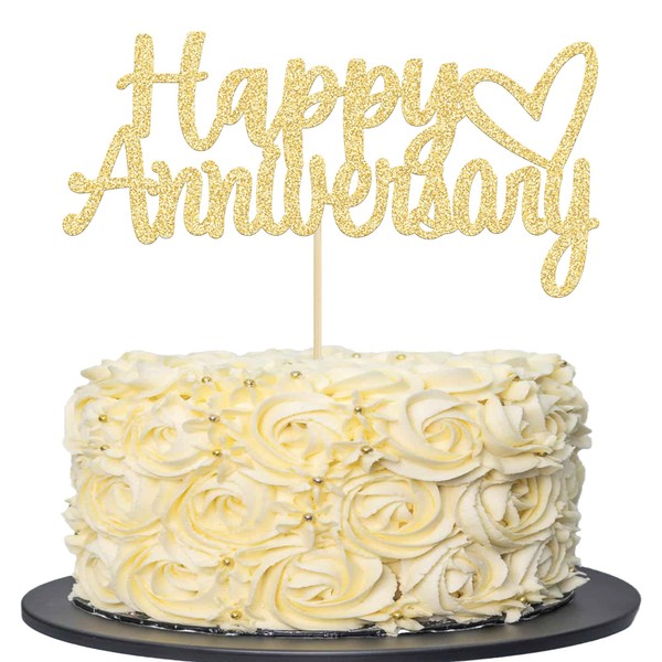 Gyufise - Decoración para tarta de aniversario con purpurina dorada para boda, aniversario, decoración de tartas