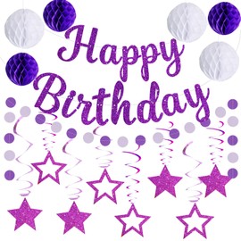 RICHHHA Glitter Happy Birthday Banner with Honeycomb Balls,Circle Dot Garland Hanging Swirls,Happy Birthday Party Decorations for Women Men Kids Boys Girls,NO-DIY,Purple White