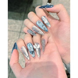CAMILCY Press on Nails Handmade Nails Luxury Reusable Fake Nails For Girls Long Almond Armor Cat's Eye Blue Diamonds Hand Painted Salon Loveful Design Acrylic Gel UV Finished 3D Nails 10PCS(B16, L)
