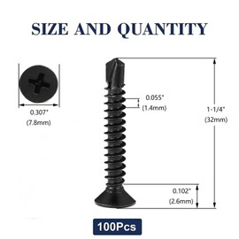 #8 x 1-1/4" Sheet Metal Screws 100Pcs 410 Stainless Steel Flat Head Fast Self Tapping Screws Black Oxide by SG TZH