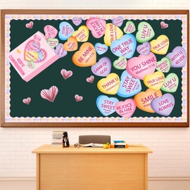 3D Valentine’s Day Conversation Heart Christian Bulletin Board Decorations Candy Heart Cutouts Border Trim Religious Jesus Sunday School Classroom Door Decor for Chalkboard Valentines Party Supplies