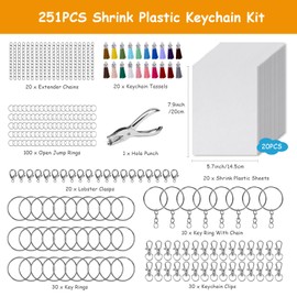 Csyidio 251 PCS Shrink Dink Keychain Kit Includes 20 Sheets Shrink Plastic Sheets, Hole Punch, Tassels, Lobster Clasps, Keychain Clip, Jump Rings, Key Ring, Great for DIY Mother's Day Crafts