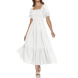 PRETTYGARDEN Short Sleeve Tiered Summer Dresses for Women 2024 Vacation Flowy Maxi Dress Square Neck Ruffle Casual Dresses (White,Small)