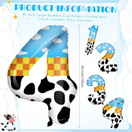 Hollowfly 40 Inch Toy Inspired Story Number Large Number Cow Pattern Printed Blue Clouds Cartoon Story Balloons Cute Cow Print Decor Western For Birthday Celebration Party Ideal Decoration (Number 4)