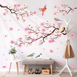 DECOWALL SG2-2305 Pink Cherry Blossom Tree Wall Stickers Birds on Flower Branch Decals Removable for Nursery Bedroom Living Room Art Home Decor Mural Decoration
