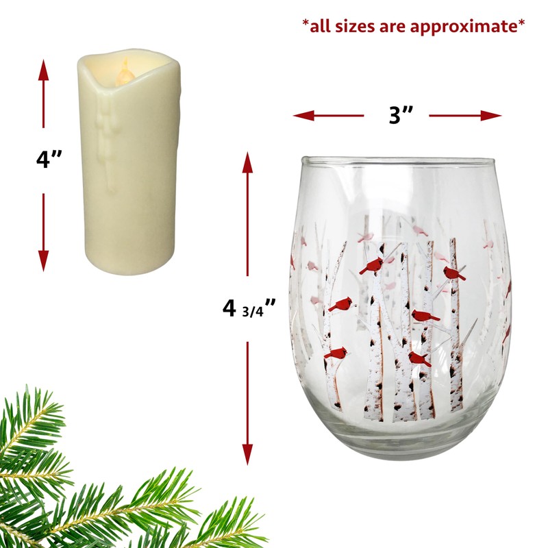 Stemless Wine Glass Candleholder - Cardinal Design with Lighted Candle,