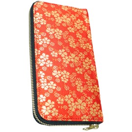Berkut Kyoto Traditional Nishijin Weave Long Wallet, Round Zipper, Box Included, red
