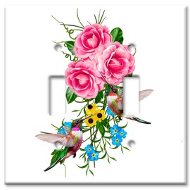 Art Plates - Double Gang Toggle OVERSIZE Switch Plate - OVER SIZE Decorative Metal Wall Plate - Hummingbirds In Flowers - (Made in USA)