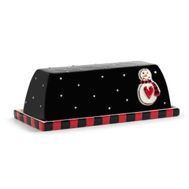DEMDACO Heartful Home Holiday Polka Dot, Striped 2.5 x 3 Inch Stoneware Functional Festive Kitchen Countertop Or Table Décor, Christmas Butter Serving Dish, 2 Piece Set, Snowman