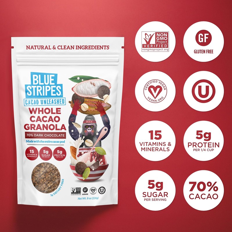 Blue Stripes Whole Cacao Granola - Gluten Free 70% Dark