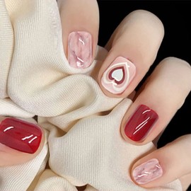 24 Pcs Heart Press on Nails Short Fake Nails Square Shaped with Pink Tie Dye Design Valentine's Day False Nails Full Cover Acrylic Artificial Nails Glossy Valentines Nail Decor for Women and Girls