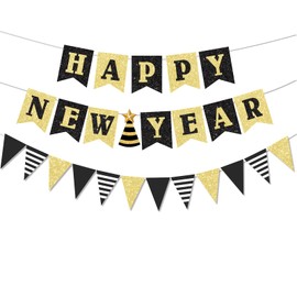 Glitter Happy New Year Banner Decorations 2025 Black and Gold New Years Eve Banner Sign Party Supplies 2025 Happy New Year for Happy New Year Decorations Party Supplies Decorations 2025 Home Holiday Decorations