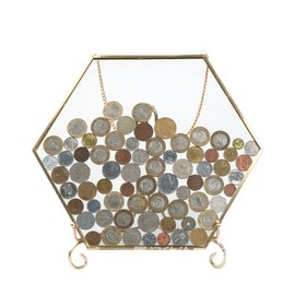 WANLIAN Gold Framed Coin Display Rack Coin Display Rack Wall + Iron Frame Coin Collector Rack Currency Dollar Collector Rack for Collectors Glass Coin Safe (Hexagonal)