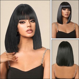 KEYRI Black Bob Wig for Women, 12 Inch Straight Bob Flat Bangs Short Black Wigs Shoulder Length Heat Resistant Synthetic Hair Wigs Hairpieces for Ladies Cosplay Party Fancy Dress Daily Use