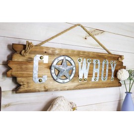 Ebros Gift 25" Long Rustic Galvanized Tin Metal Western Star Cowboy Sign On Barn Style Wooden Plank Door Plaque Or Wall Decor Art Signs with Jute Rope Wild West Cowboys Cowgirls Country Farmhouse