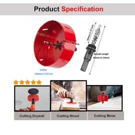 SagaSave 110mm HSS Bi-Metal Hole Saw with Corn Hole Drilling Cutter, Hole Cutter for Stainless Steel,Metal,Wood,Plastic,Drywall,Fiberboard, 4.33inch 1PCS