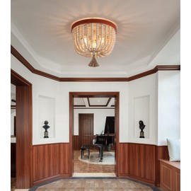 AMZASA Boho Wood Beaded Flush Mount Ceiling Light 3-Lights Farmhouse Chandelier Light Fixture for Nursery Bedroom Hallway Entryway Laundry Included Bulbs
