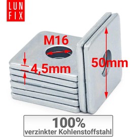 Lun Fix Square Washer M16 50 x 50 x 4.5 mm - DIN 436 | Pack of 1 Square Washer Galvanised Steel, Flat Square Washers for Bolts Threaded Rods, Rectangular Washers with Round Hole