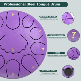 D Major Steel Tongue Drum Handpan, 12 Inch 13 Note Rain Drum for Outside Garden, Rain Chime Hand pan with Music Book, Mallets, Rain Chime Waterproof, Hand Pan Instrument Outdoor (Purple, 12 Inches)